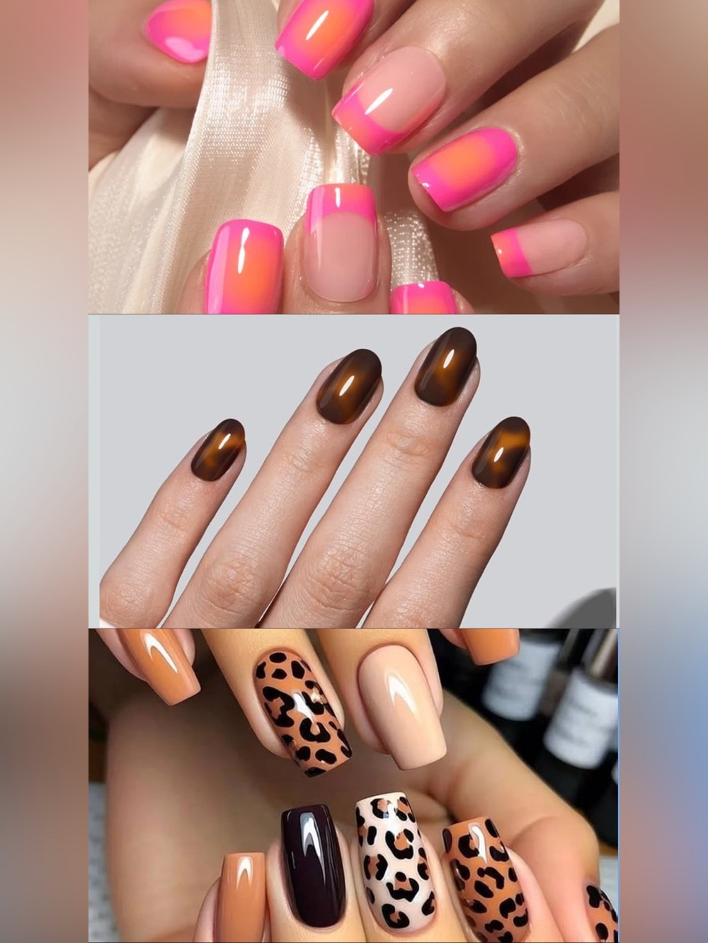 Three (3) packs of Press On Nails - Neon French, Tortoise, Cheetah Print